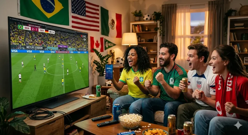 Grupo de amigos torcedores em uma sala de estar celebrando enquanto assistem a um jogo da Copa do Mundo de 2026 ao vivo em uma TV de tela grande, com bandeiras do Brasil, EUA, México e Canadá ao fundo e o aplicativo da FIFA aberto em um celular.