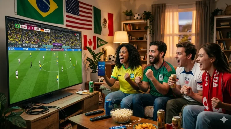 Grupo de amigos torcedores em uma sala de estar celebrando enquanto assistem a um jogo da Copa do Mundo de 2026 ao vivo em uma TV de tela grande, com bandeiras do Brasil, EUA, México e Canadá ao fundo e o aplicativo da FIFA aberto em um celular.